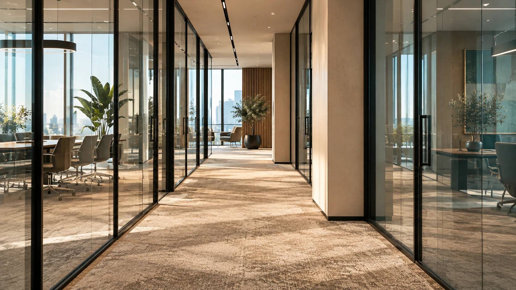 A bright office corridor with glass-walled meeting rooms